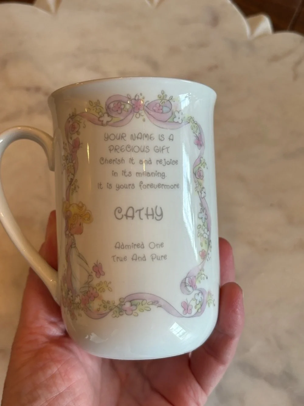 Vintage Precious Moments Personalized White Ceramic 'Cathy' Floral‎ Portrait Mug